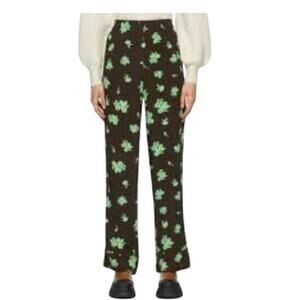 Ganni Brown Green Floral Printed Crepe Straight Leg Trousers, size 0 (XXS)